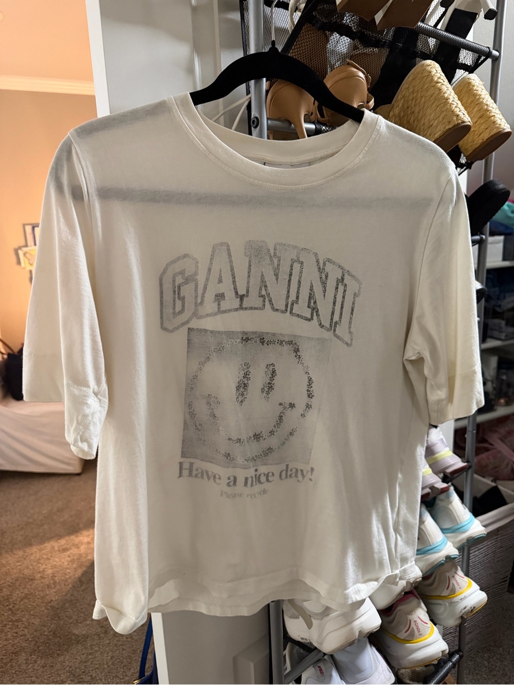 Ganni Kids Cream Graphic Tee with Smiley